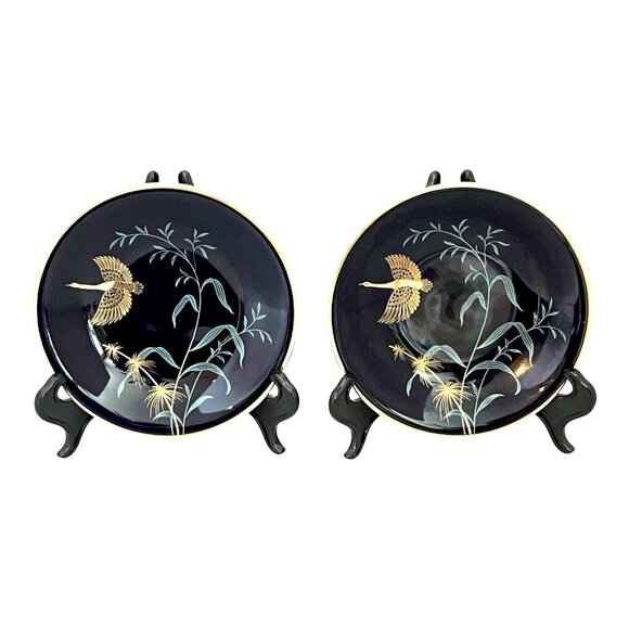 Johann Haviland Bavaria Germany Coasters Set of 2 Black Gold Bird In Flight 4.5” - Picture 1 of 6